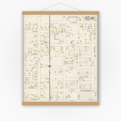 Old map wall art mockup — magnetic wood frame on white wall — Sanborn Fire Insurance Map from Mexia, Limestone County, Texas (1922), Sheet #0013
