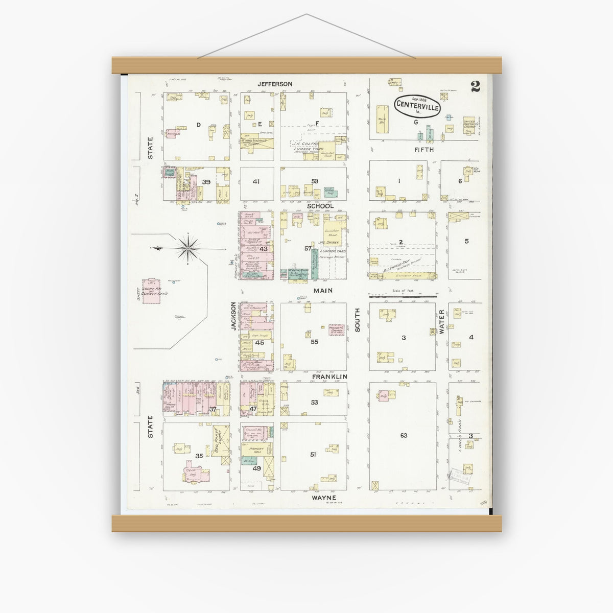 Old map wall art mockup — magnetic wood frame on white wall — Sanborn Fire Insurance Map from Centerville, Appanoose County, Iowa (1888), Sheet #0002
