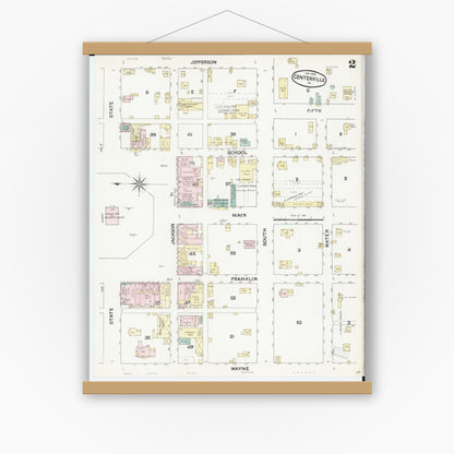 Old map wall art mockup — magnetic wood frame on white wall — Sanborn Fire Insurance Map from Centerville, Appanoose County, Iowa (1888), Sheet #0002