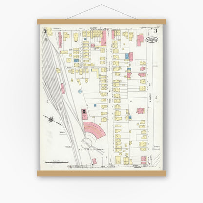 Old map wall art mockup — magnetic wood frame on white wall — Sanborn Fire Insurance Map from Kingston, Luzerne County, Pennsylvania (1925), Sheet #0003