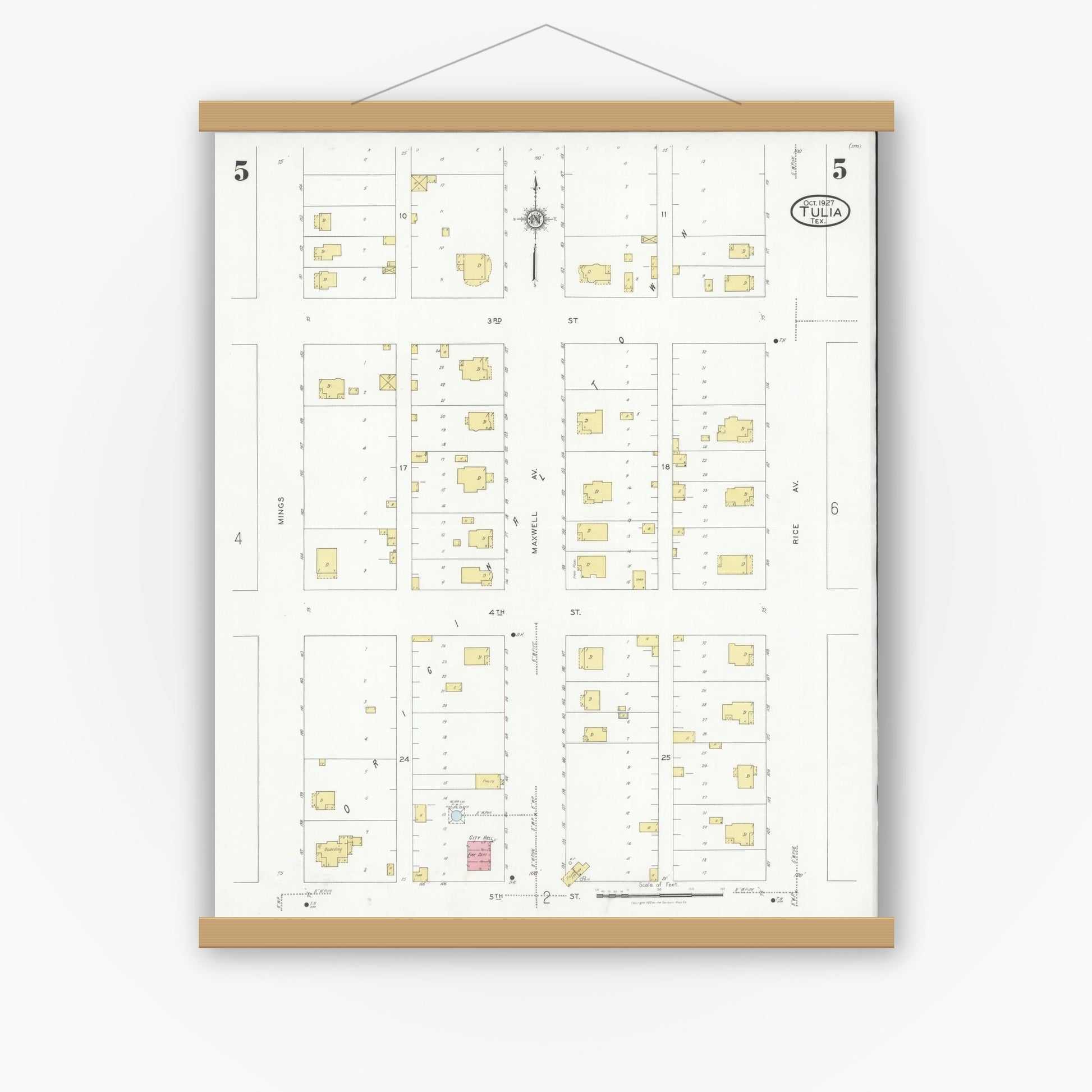 Old map wall art mockup — magnetic wood frame on white wall — Sanborn Fire Insurance Map from Tulia, Swisher County, Texas (1927), Sheet #0005