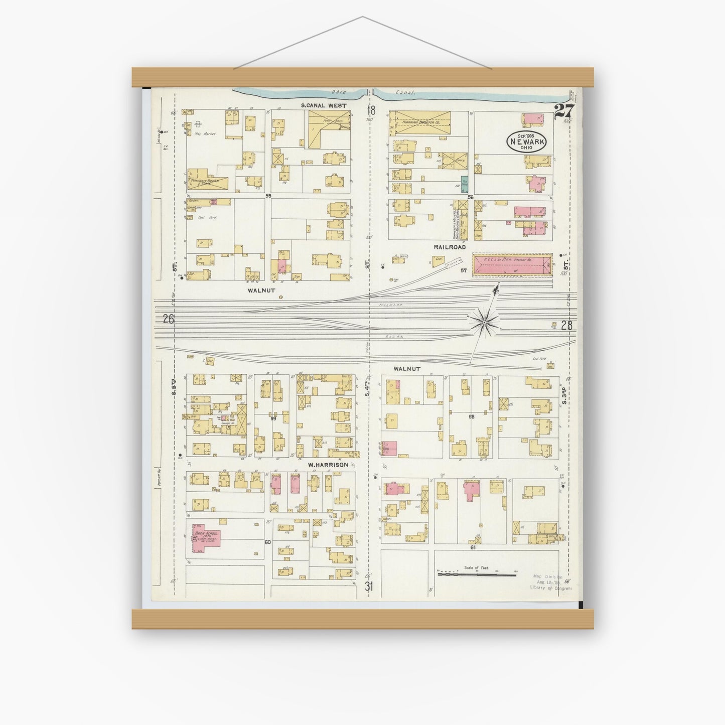 Old map wall art mockup — magnetic wood frame on white wall — Sanborn Fire Insurance Map from Newark, Licking County, Ohio (1905), Sheet #0027