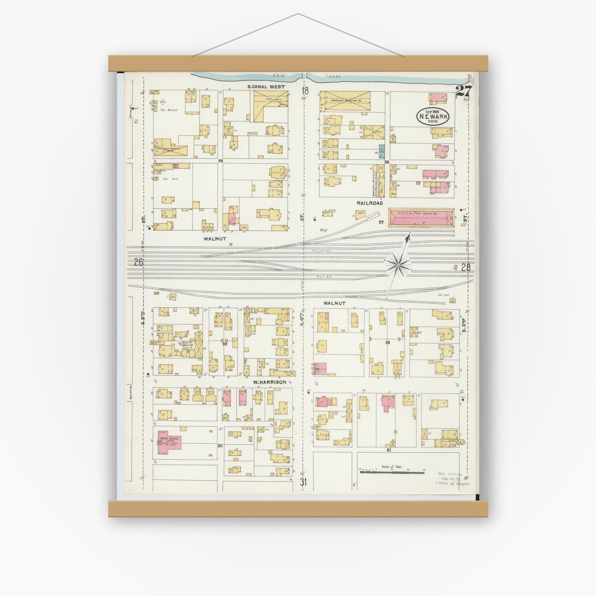 Old map wall art mockup — magnetic wood frame on white wall — Sanborn Fire Insurance Map from Newark, Licking County, Ohio (1905), Sheet #0027