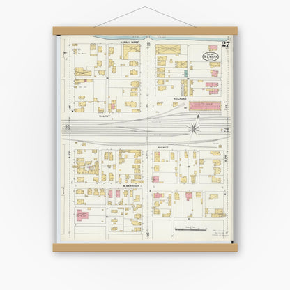 Old map wall art mockup — magnetic wood frame on white wall — Sanborn Fire Insurance Map from Newark, Licking County, Ohio (1905), Sheet #0027