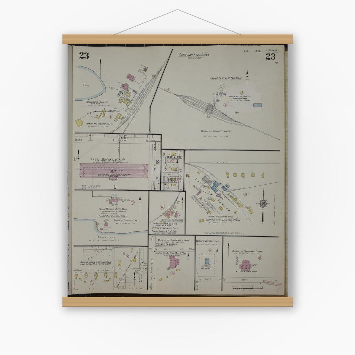 Old map wall art mockup — magnetic wood frame on white wall — Sanborn Fire Insurance Map from Herrin, Williamson County, Illinois (1947), Sheet #0023