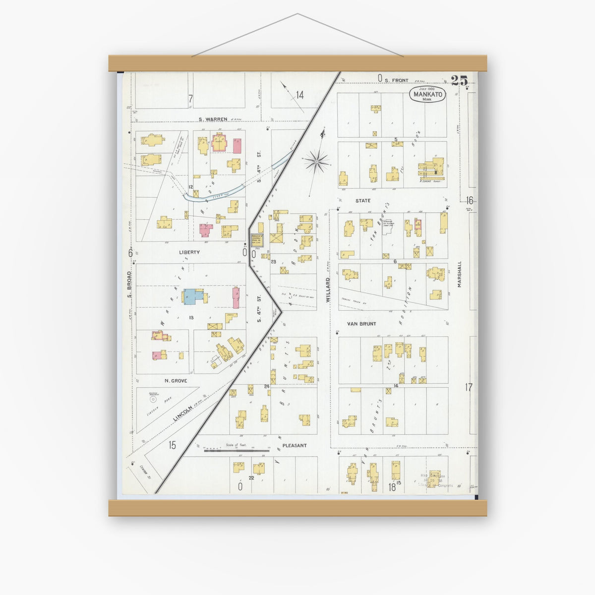 Old map wall art mockup — magnetic wood frame on white wall — Sanborn Fire Insurance Map from Mankato, Blue Earth County, Minnesota (1900), Sheet #0025