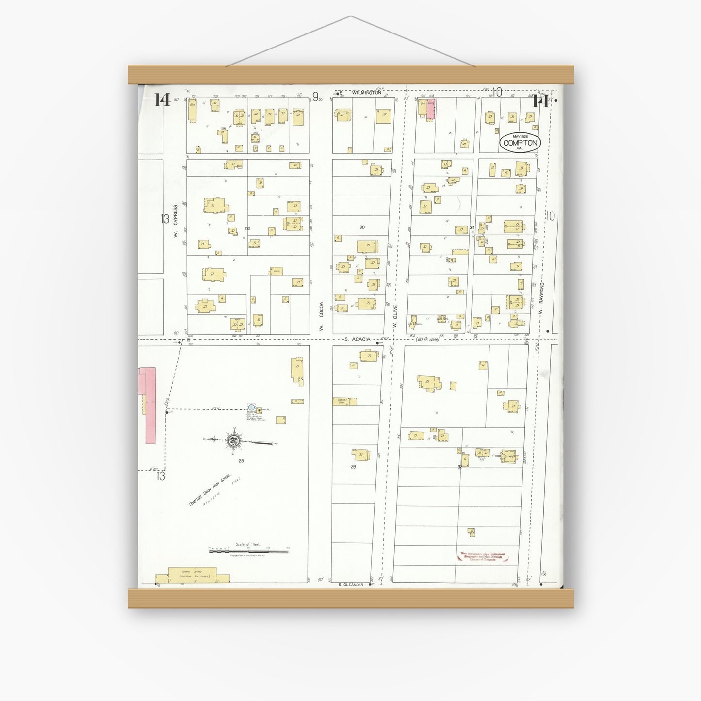Old map wall art mockup — magnetic wood frame on white wall — Sanborn Fire Insurance Map from Compton, Los Angeles County, California (1925), Sheet #0014