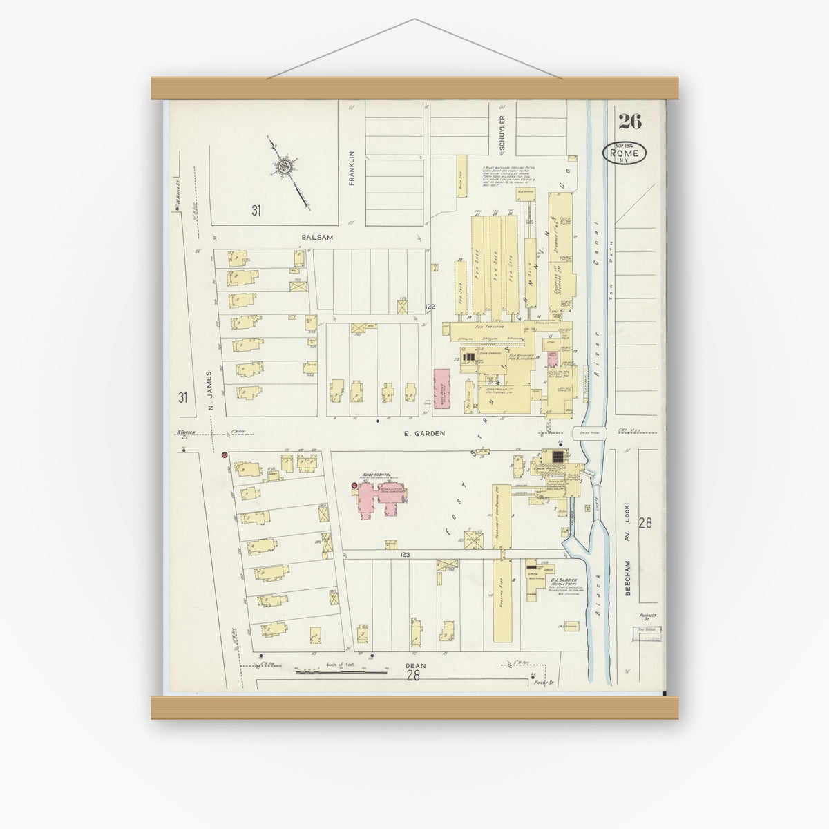 Old map wall art mockup — magnetic wood frame on white wall — Sanborn Fire Insurance Map from Rome, Oneida County, New York (1914), Sheet #0026