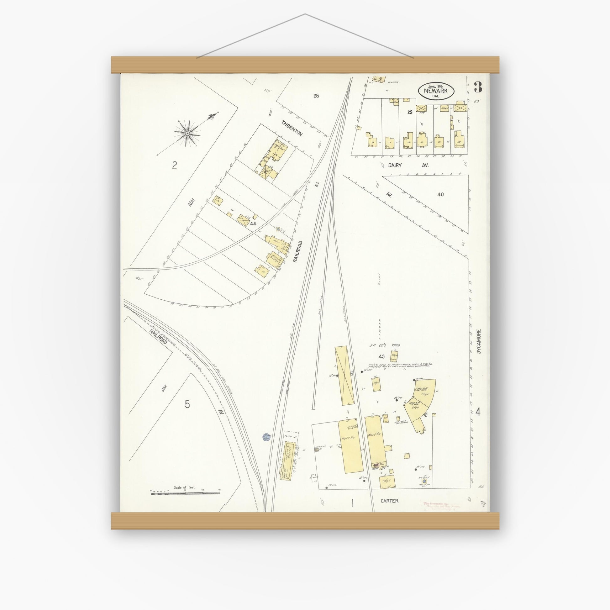 Old map wall art mockup — magnetic wood frame on white wall — Sanborn Fire Insurance Map from Newark, Alameda County, California (1908), Sheet #0003
