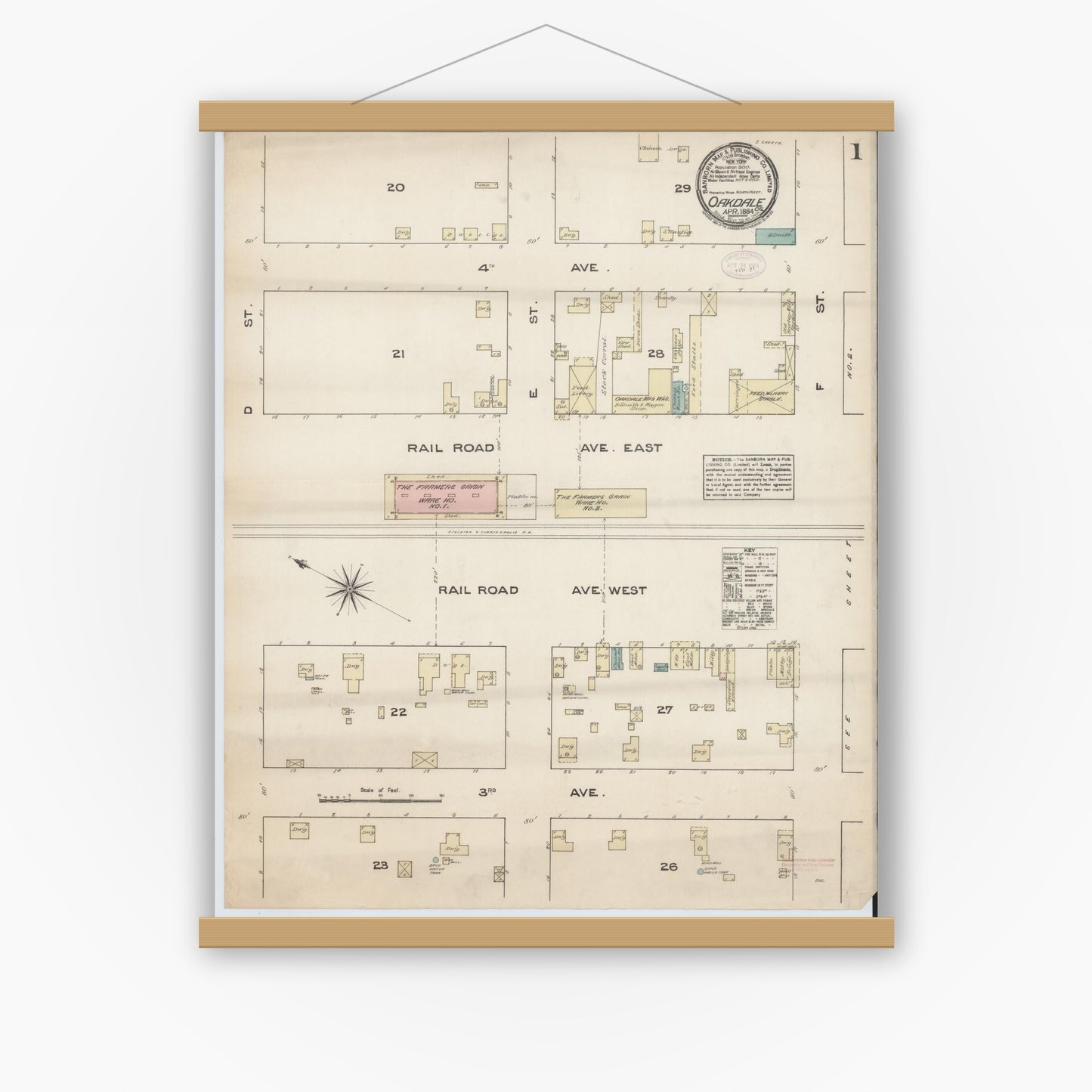 Old map wall art mockup — magnetic wood frame on white wall — Sanborn Fire Insurance Map from Oakdale, Stanislaus County, California (1884) - Complete Map Set