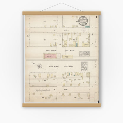 Old map wall art mockup — magnetic wood frame on white wall — Sanborn Fire Insurance Map from Oakdale, Stanislaus County, California (1884) - Complete Map Set