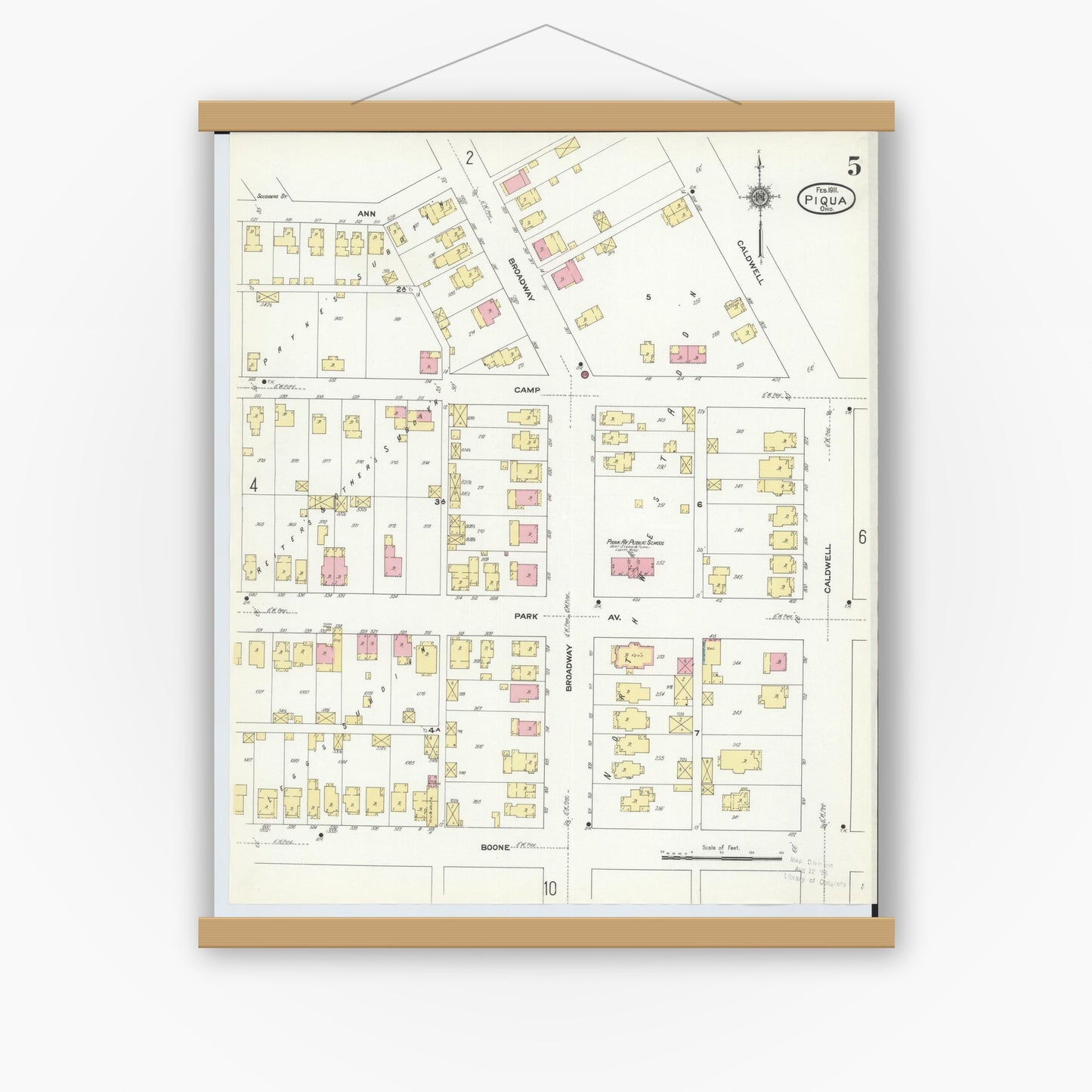 Old map wall art mockup — magnetic wood frame on white wall — Sanborn Fire Insurance Map from Piqua, Miami County, Ohio (1911), Sheet #0005