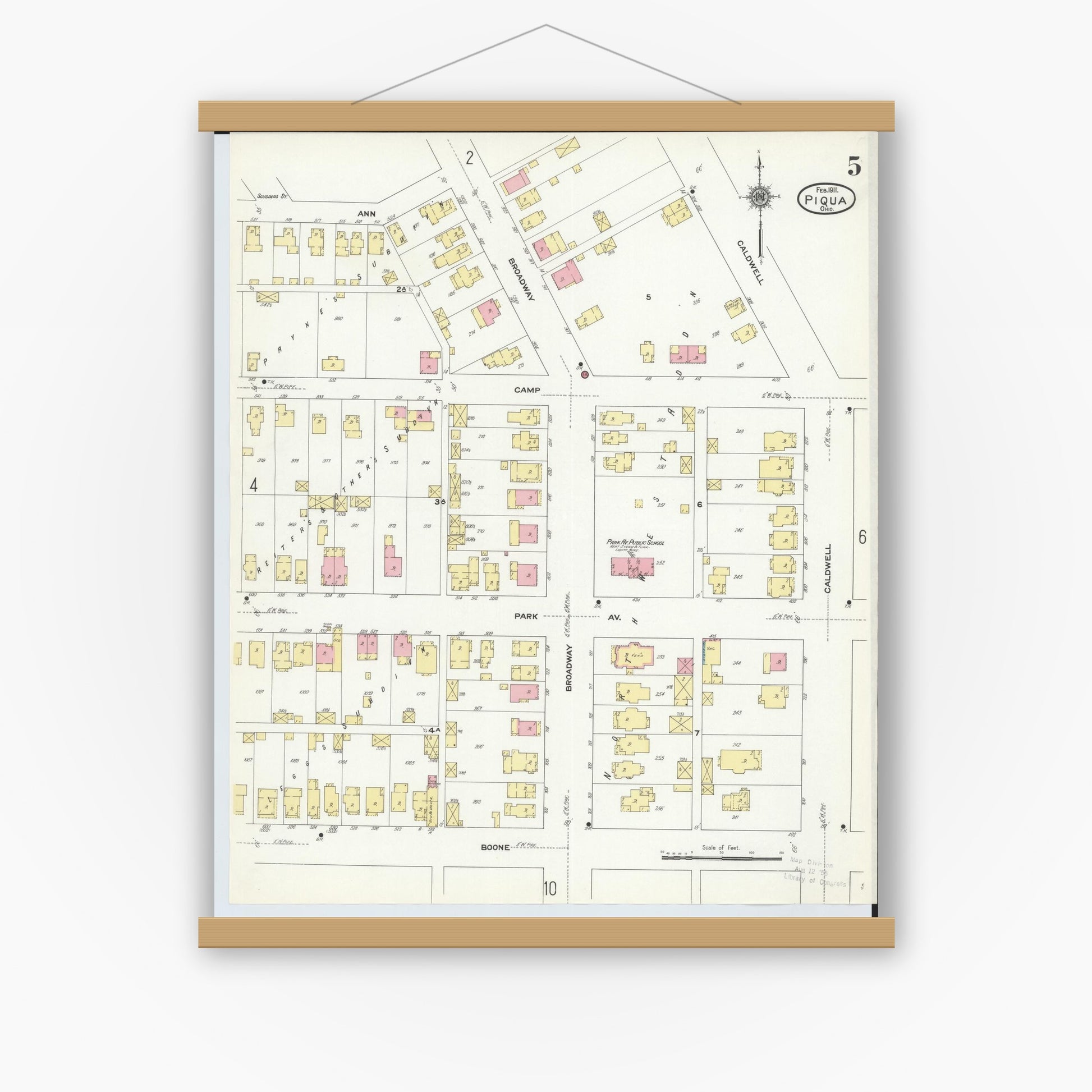 Old map wall art mockup — magnetic wood frame on white wall — Sanborn Fire Insurance Map from Piqua, Miami County, Ohio (1911), Sheet #0005