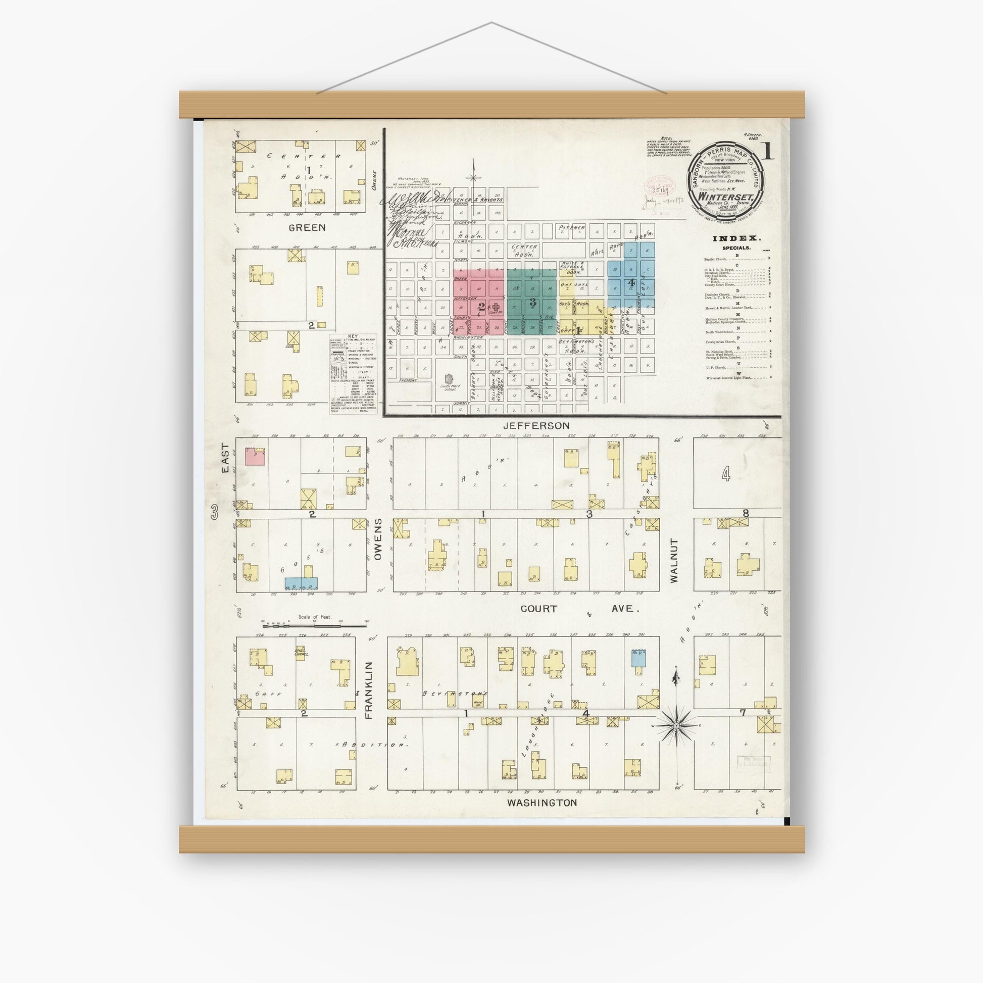 Old map wall art mockup — magnetic wood frame on white wall — Sanborn Fire Insurance Map from Winterset, Madison County, Iowa (1893), Sheet #0001