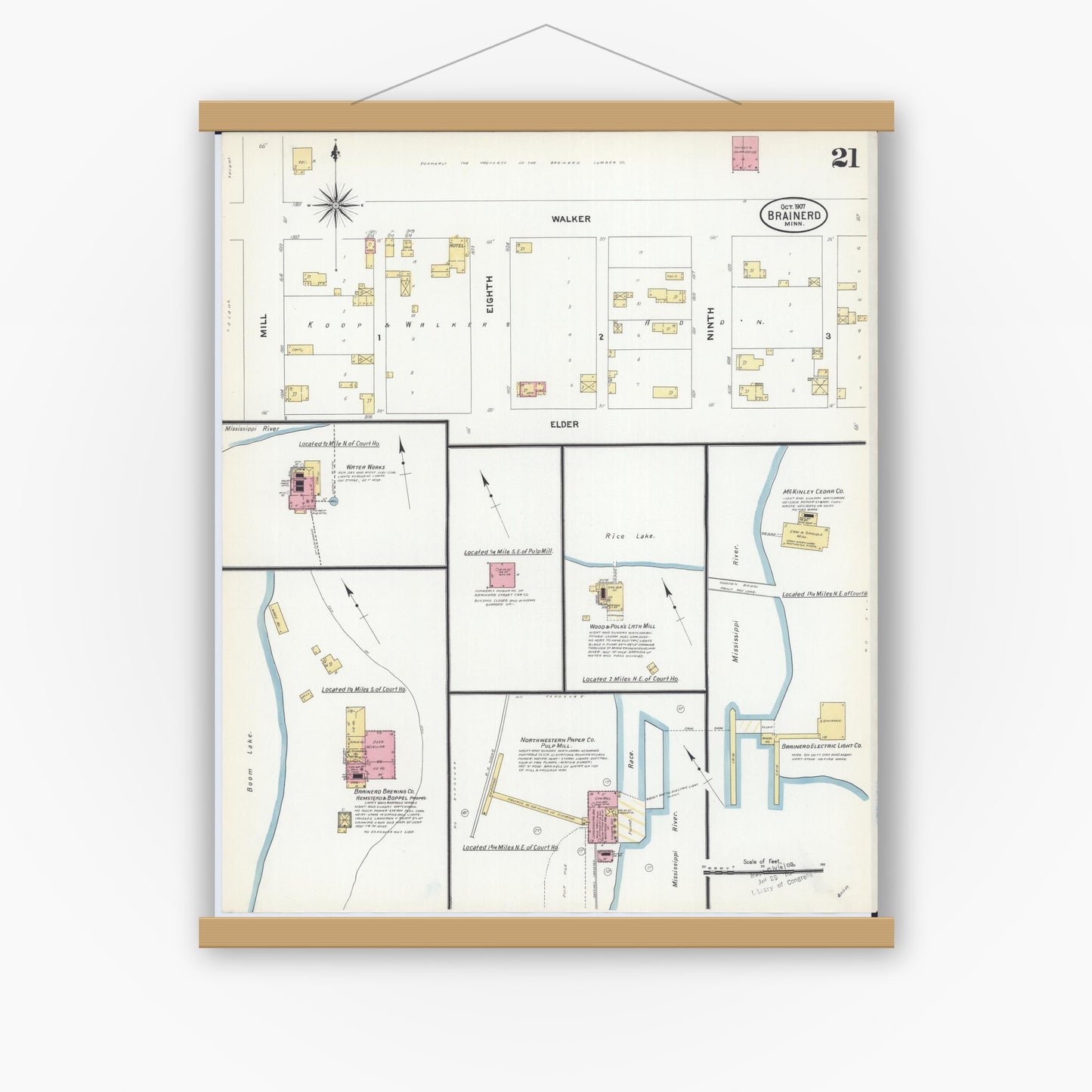 Old map wall art mockup — magnetic wood frame on white wall — Sanborn Fire Insurance Map from Brainerd, Crow Wing County, Minnesota (1907), Sheet #0021
