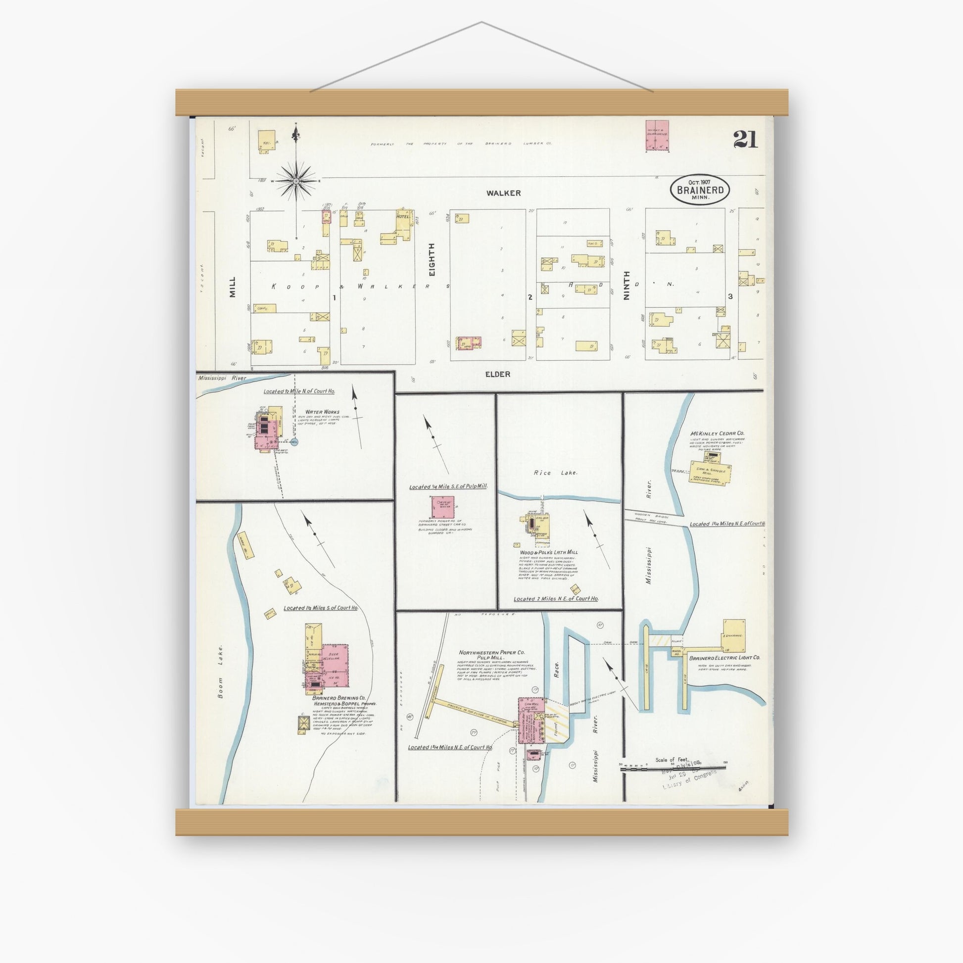 Old map wall art mockup — magnetic wood frame on white wall — Sanborn Fire Insurance Map from Brainerd, Crow Wing County, Minnesota (1907), Sheet #0021