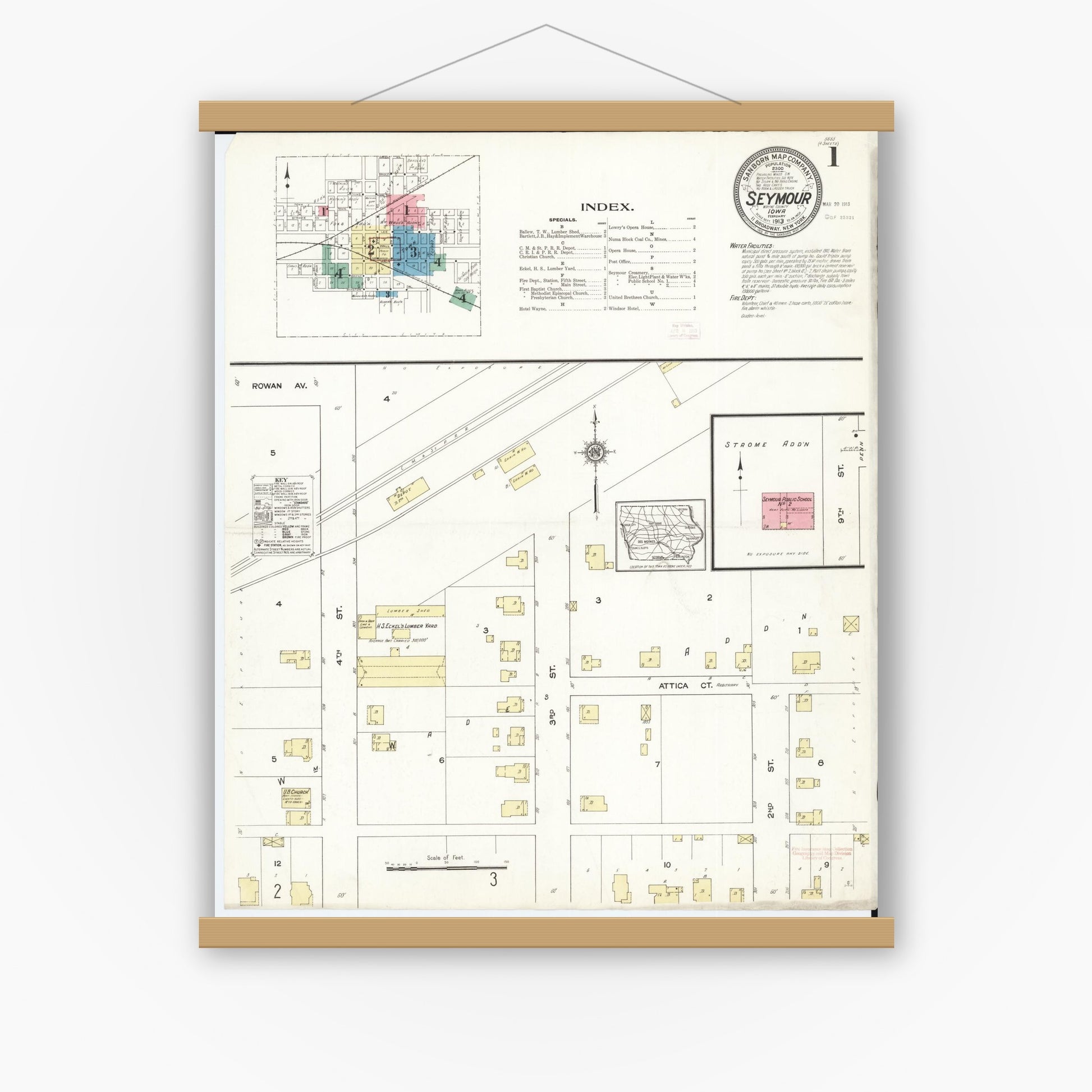 Old map wall art mockup — magnetic wood frame on white wall — Sanborn Fire Insurance Map from Seymour, Wayne County, Iowa (1913), Sheet #0001
