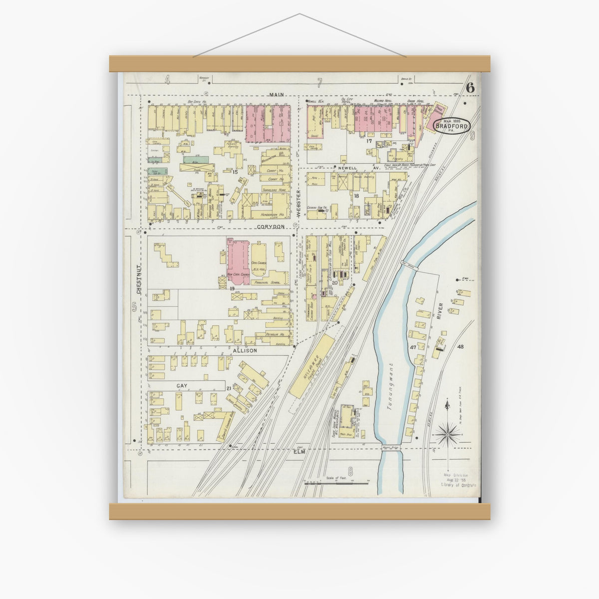 Old map wall art mockup — magnetic wood frame on white wall — Sanborn Fire Insurance Map from Bradford, McKean County, Pennsylvania (1895), Sheet #0006