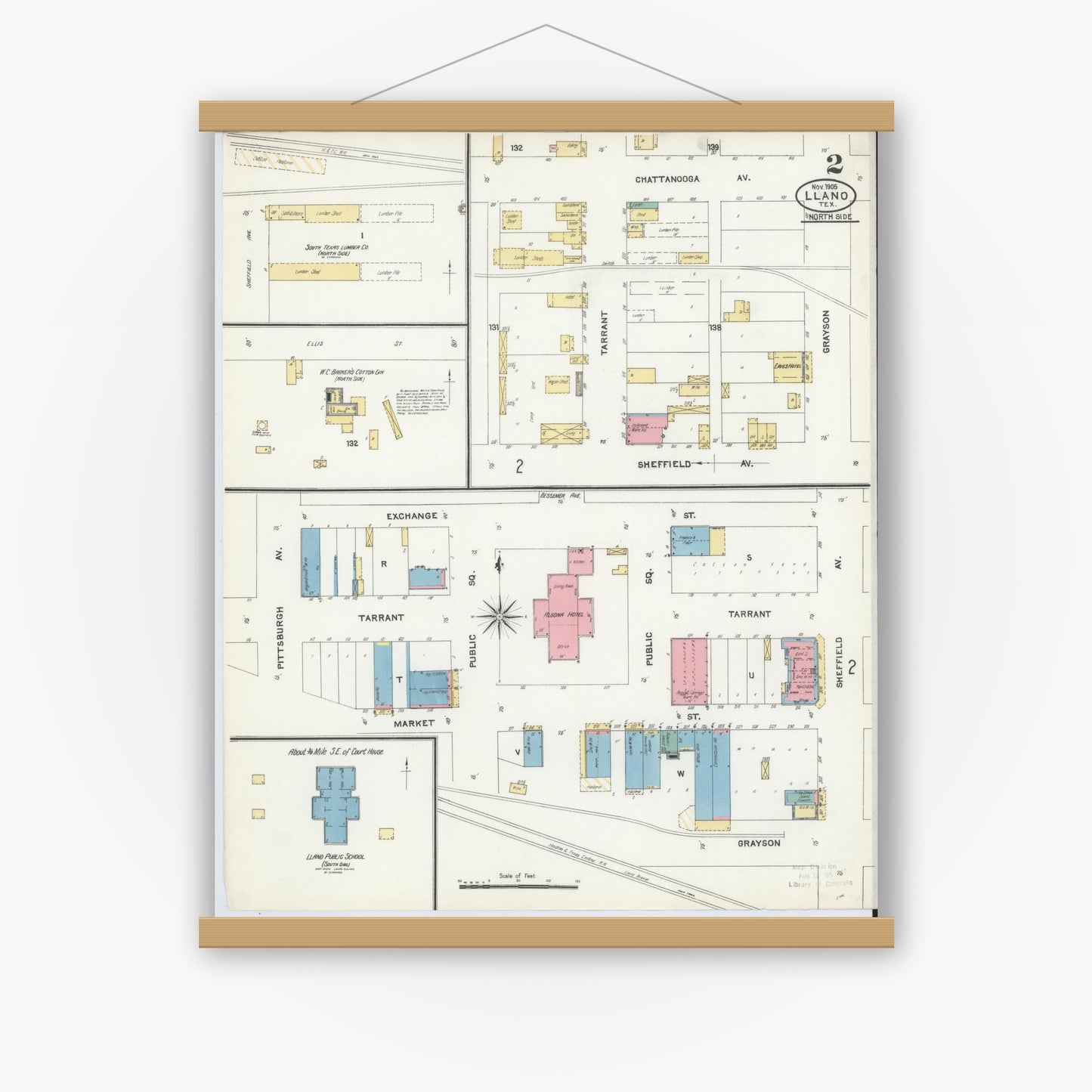 Old map wall art mockup — magnetic wood frame on white wall — Sanborn Fire Insurance Map from Llano, Llano County, Texas (1905), Sheet #0002