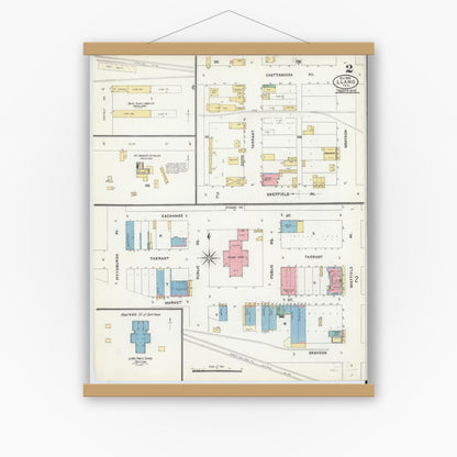 Old map wall art mockup — magnetic wood frame on white wall — Sanborn Fire Insurance Map from Llano, Llano County, Texas (1905), Sheet #0002