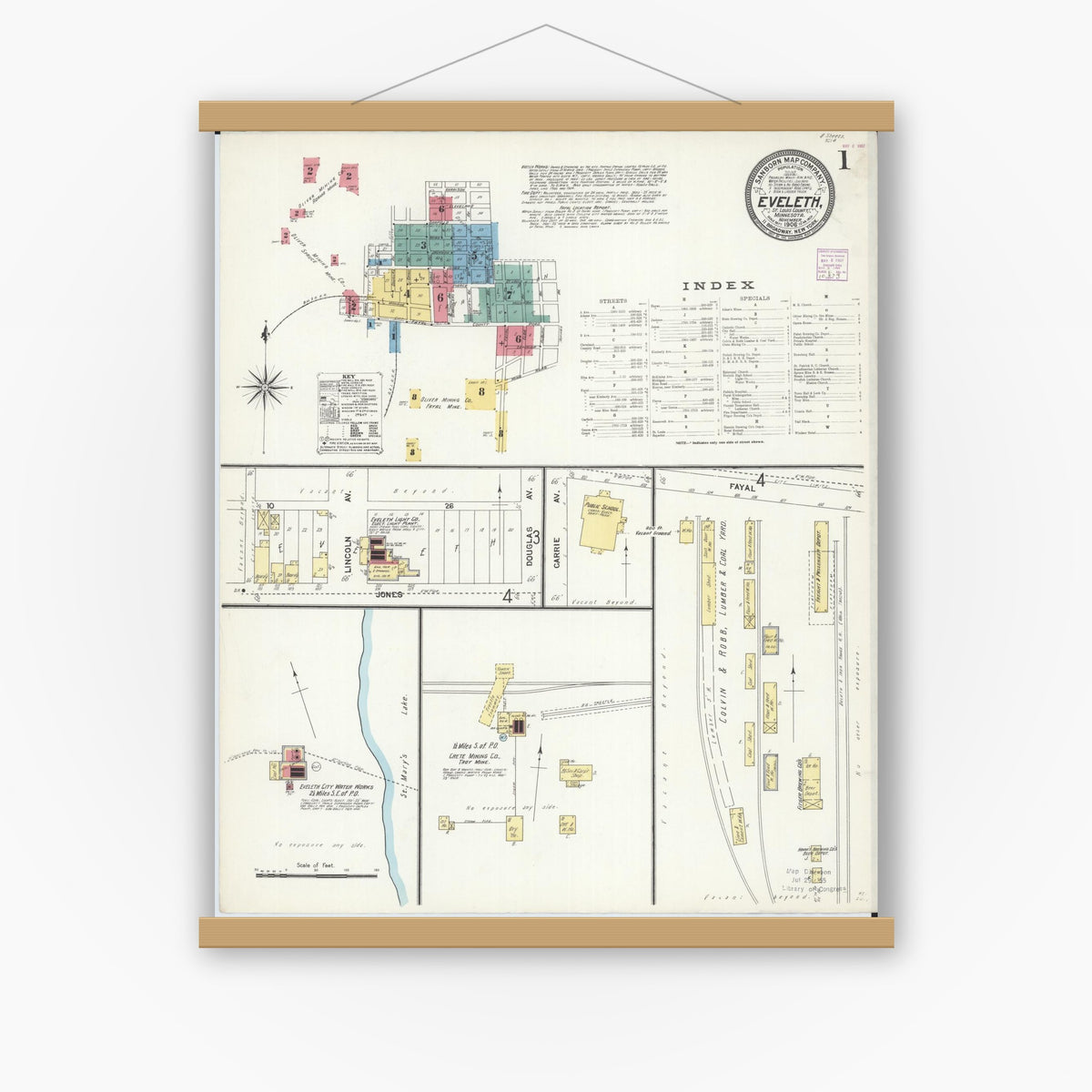 Old map wall art mockup — magnetic wood frame on white wall — Sanborn Fire Insurance Map from Eveleth, Saint Louis County, Minnesota (1906) - Complete Map Set
