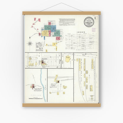 Old map wall art mockup — magnetic wood frame on white wall — Sanborn Fire Insurance Map from Eveleth, Saint Louis County, Minnesota (1906) - Complete Map Set