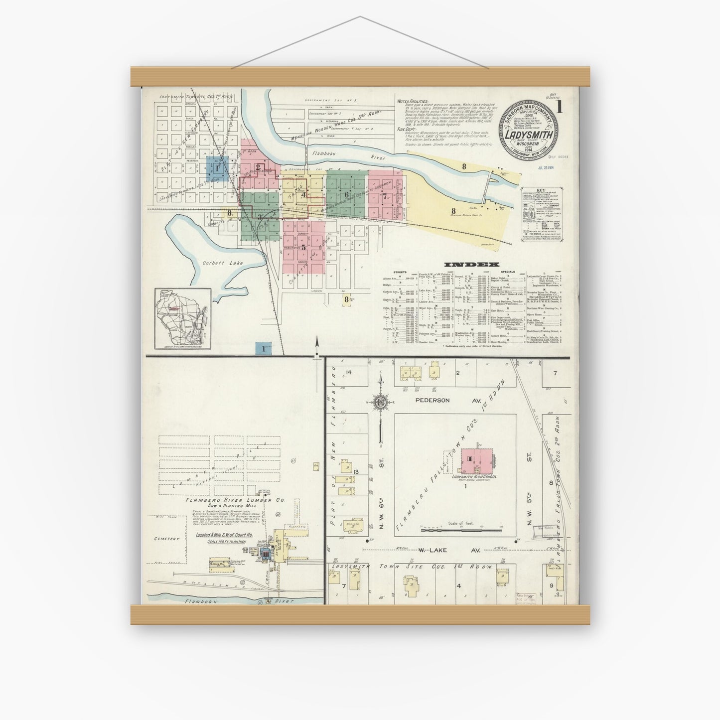 Old map wall art mockup — magnetic wood frame on white wall — Sanborn Fire Insurance Map from Ladysmith, Rusk County, Wisconsin (1914) - Complete Map Set