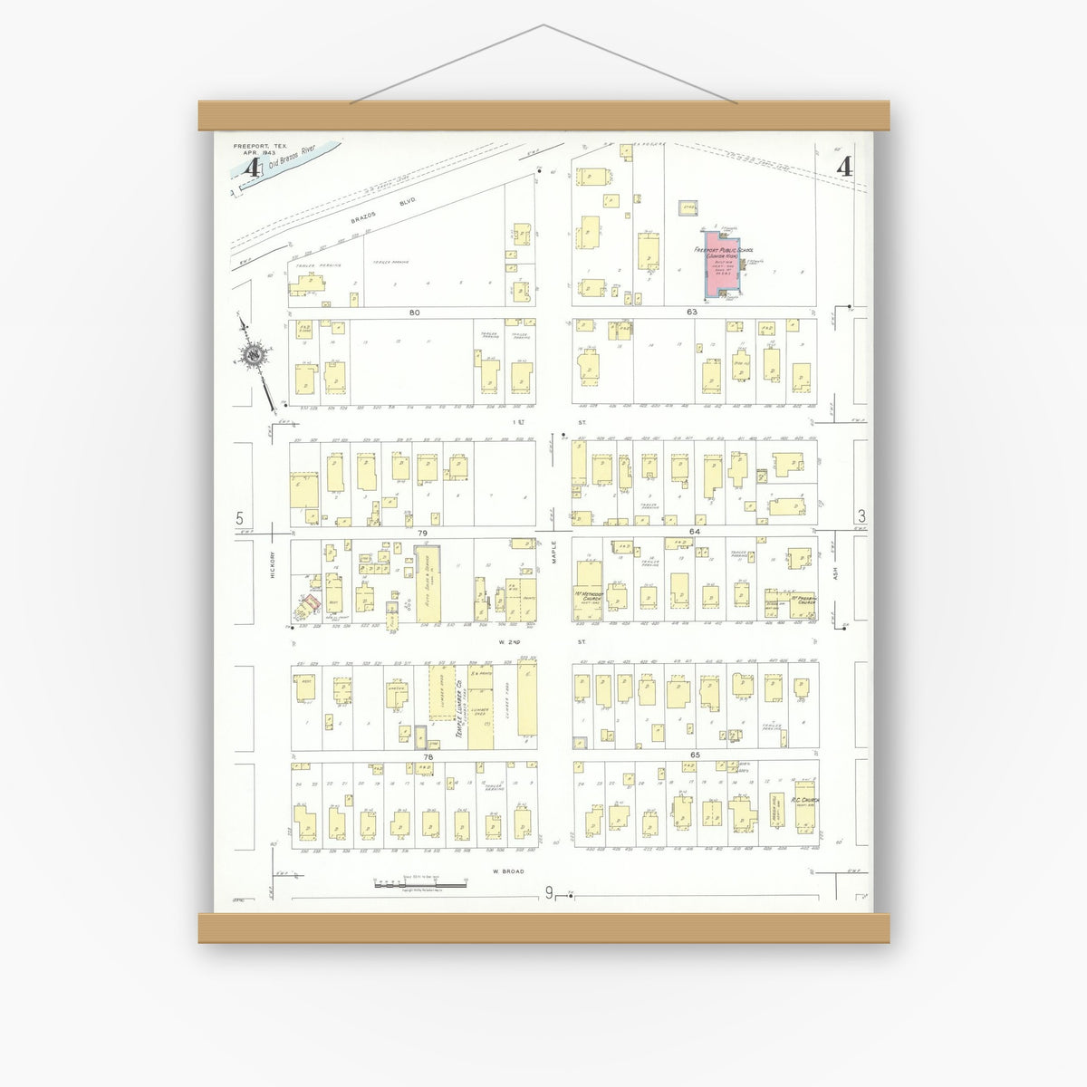 Old map wall art mockup — magnetic wood frame on white wall — Sanborn Fire Insurance Map from Freeport, Brazoria County, Texas (1943), Sheet #0004