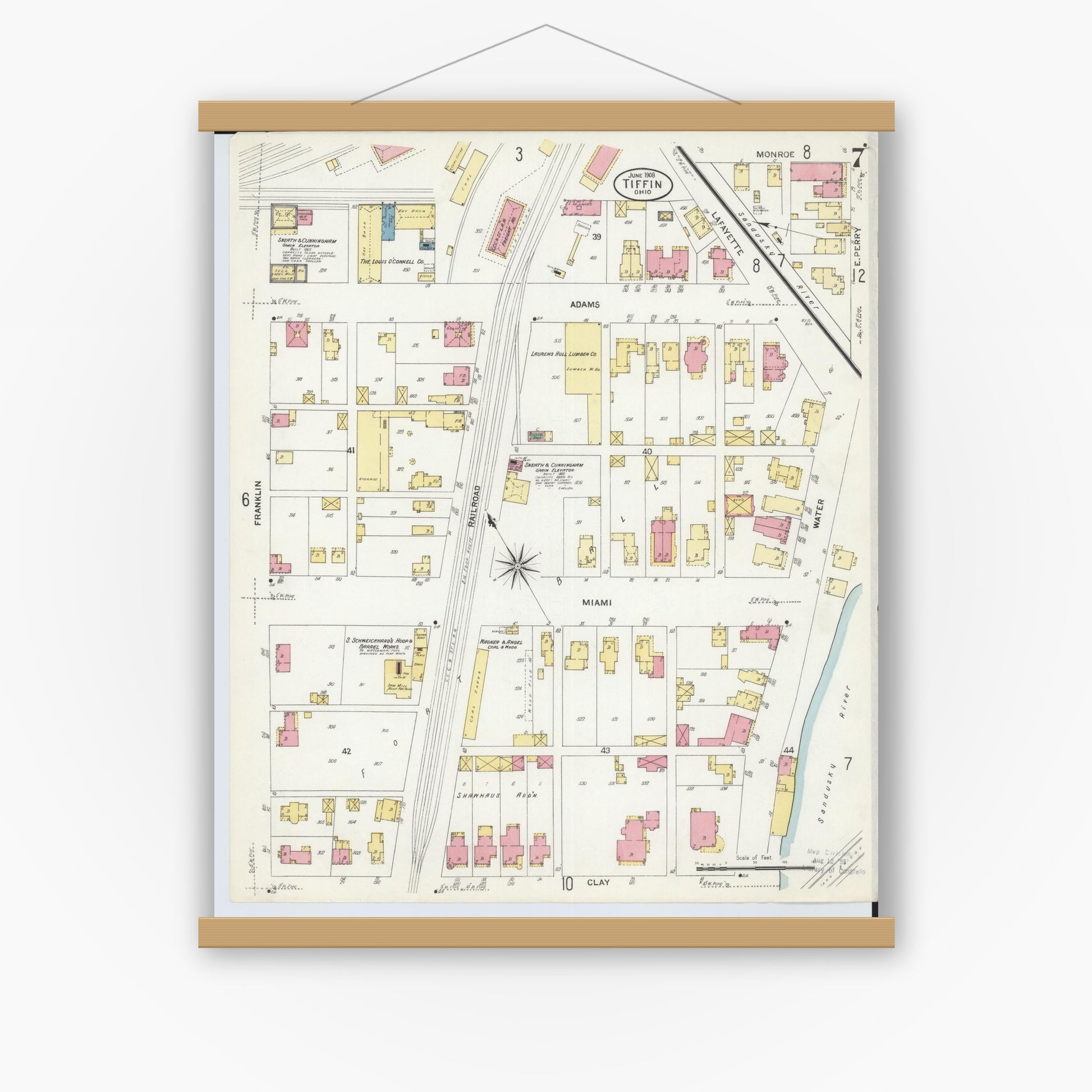 Old map wall art mockup — magnetic wood frame on white wall — Sanborn Fire Insurance Map from Tiffin, Seneca County, Ohio (1908), Sheet #0007