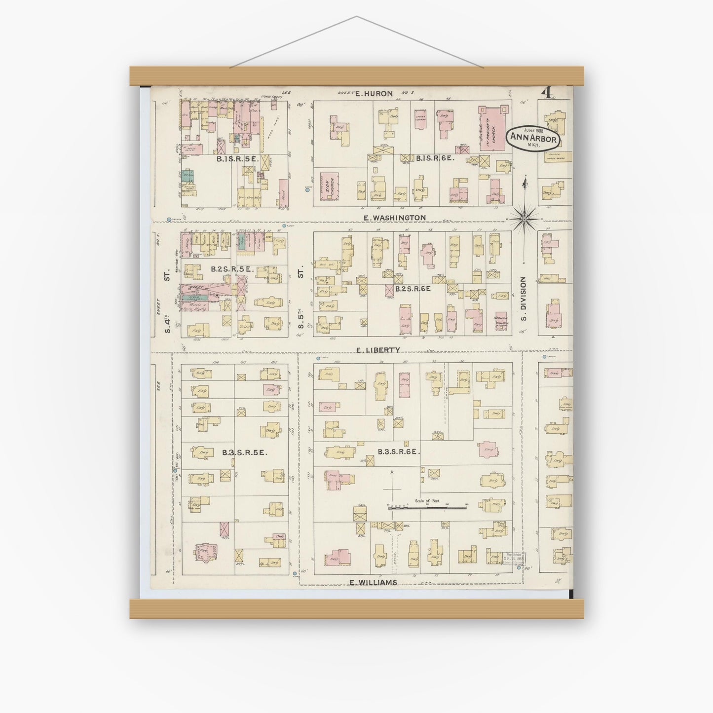 Old map wall art mockup — magnetic wood frame on white wall — Sanborn Fire Insurance Map from Ann Arbor, Washtenaw County, Michigan (1888), Sheet #0004