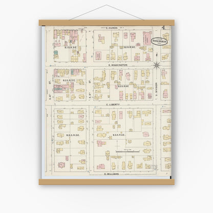 Old map wall art mockup — magnetic wood frame on white wall — Sanborn Fire Insurance Map from Ann Arbor, Washtenaw County, Michigan (1888), Sheet #0004