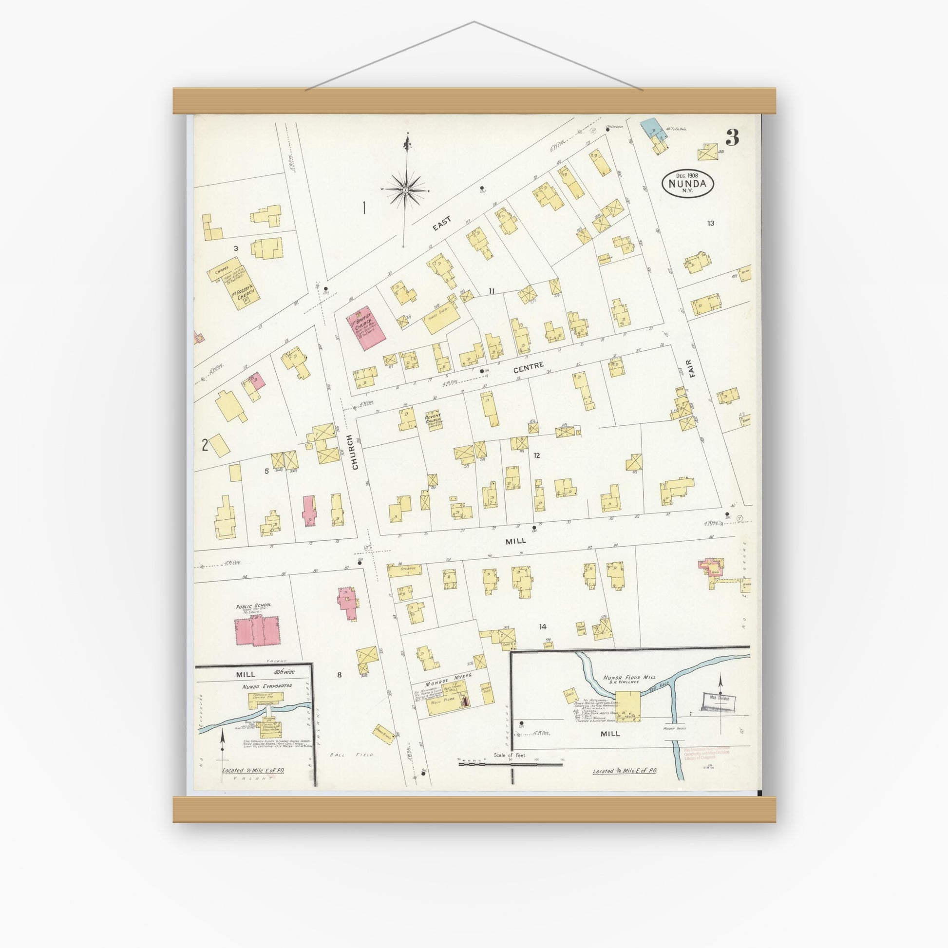 Old map wall art mockup — magnetic wood frame on white wall — Sanborn Fire Insurance Map from Nunda, Livingston County, New York (1908), Sheet #0003
