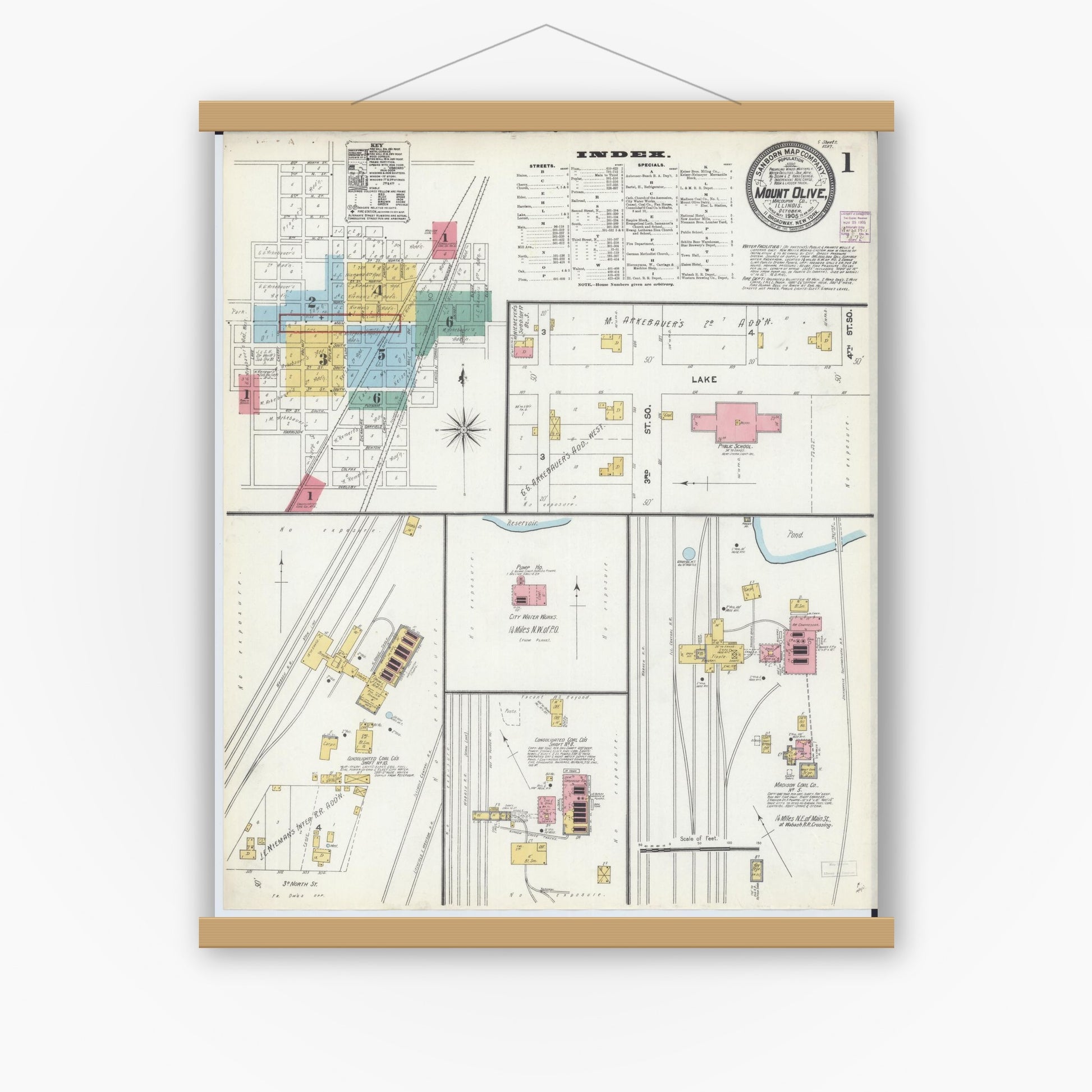 Old map wall art mockup — magnetic wood frame on white wall — Sanborn Fire Insurance Map from Mount Olive, Macoupin County, Illinois (1905) - Complete Map Set