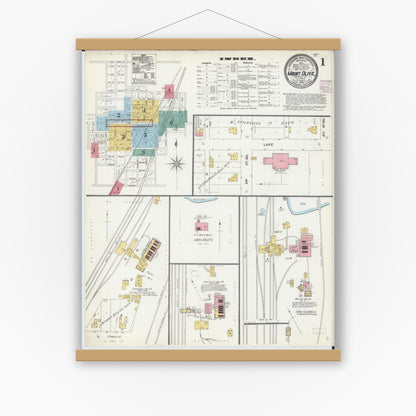 Old map wall art mockup — magnetic wood frame on white wall — Sanborn Fire Insurance Map from Mount Olive, Macoupin County, Illinois (1905) - Complete Map Set