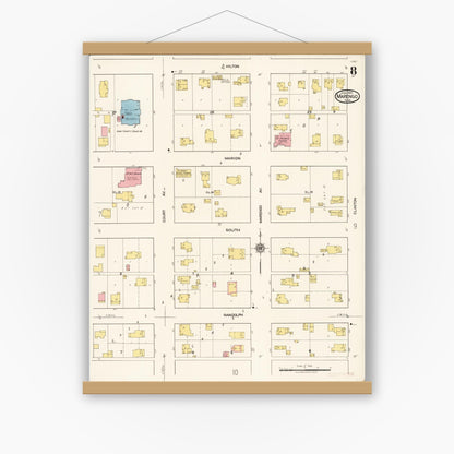 Old map wall art mockup — magnetic wood frame on white wall — Sanborn Fire Insurance Map from Marengo, Iowa County, Iowa (1922), Sheet #0008