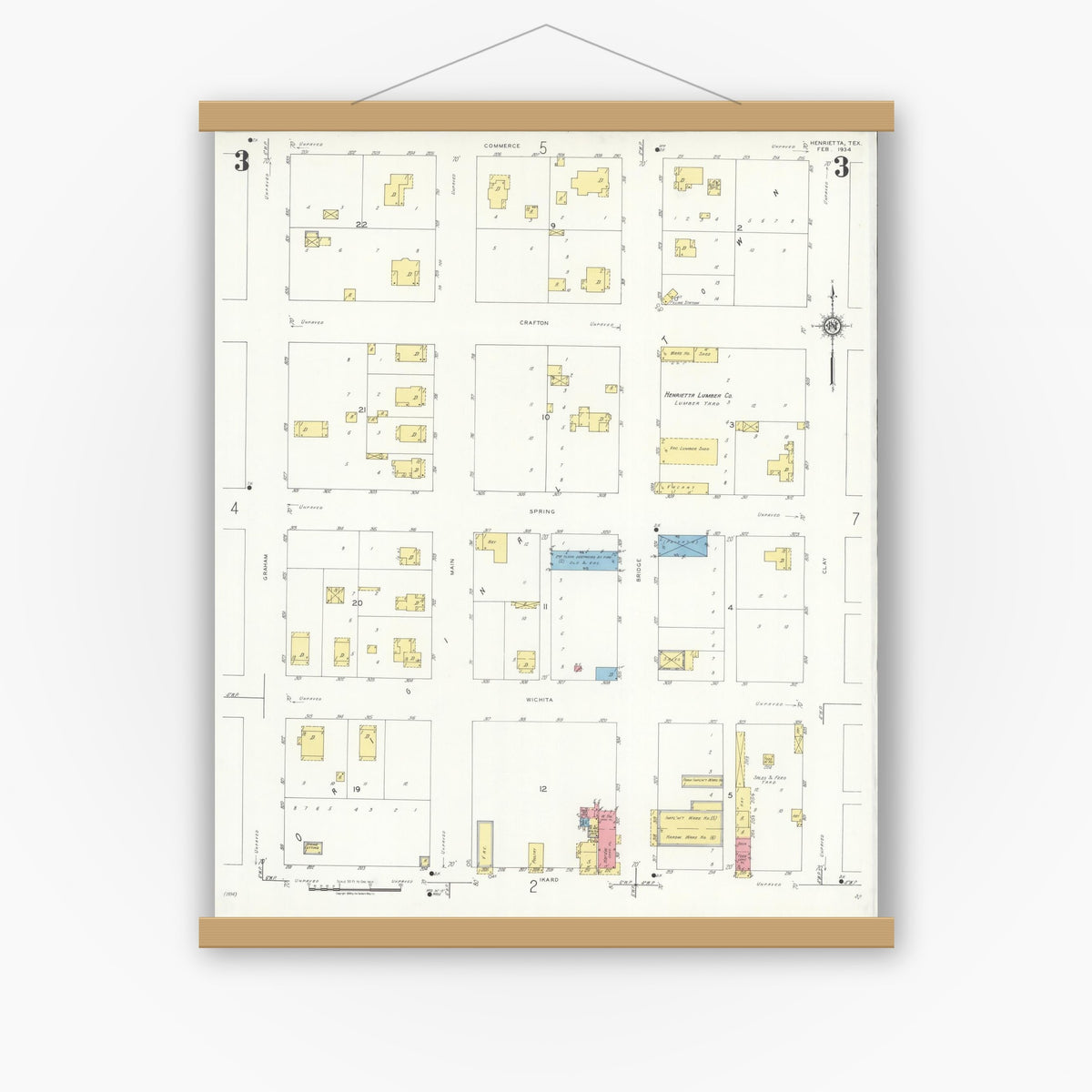 Old map wall art mockup — magnetic wood frame on white wall — Sanborn Fire Insurance Map from Henrietta, Clay County, Texas (1934), Sheet #0003