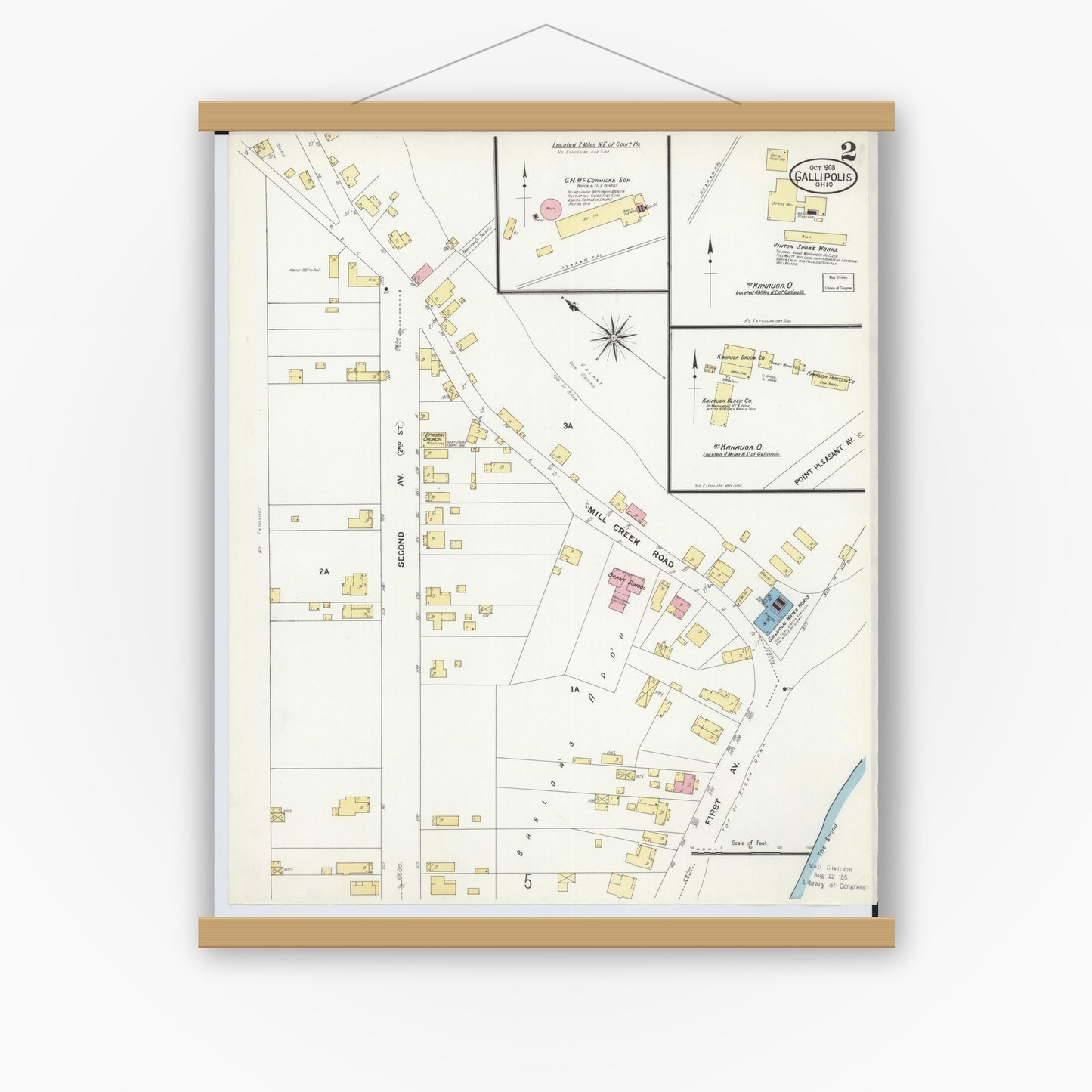 Old map wall art mockup — magnetic wood frame on white wall — Sanborn Fire Insurance Map from Gallipolis, Gallia County, Ohio (1908), Sheet #0002