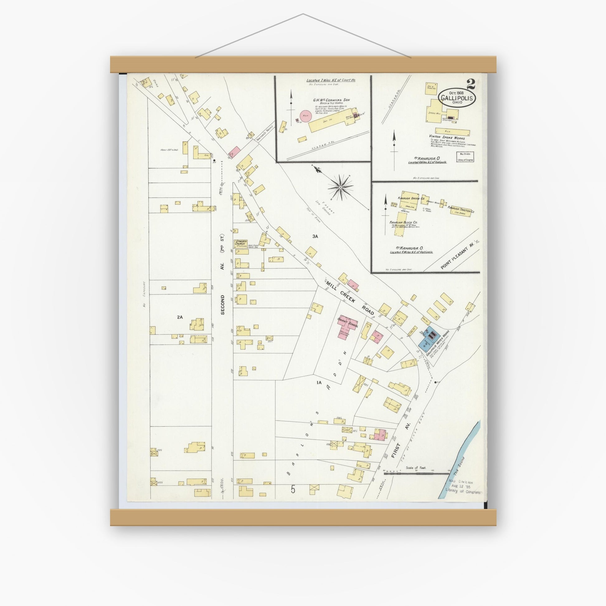 Old map wall art mockup — magnetic wood frame on white wall — Sanborn Fire Insurance Map from Gallipolis, Gallia County, Ohio (1908), Sheet #0002