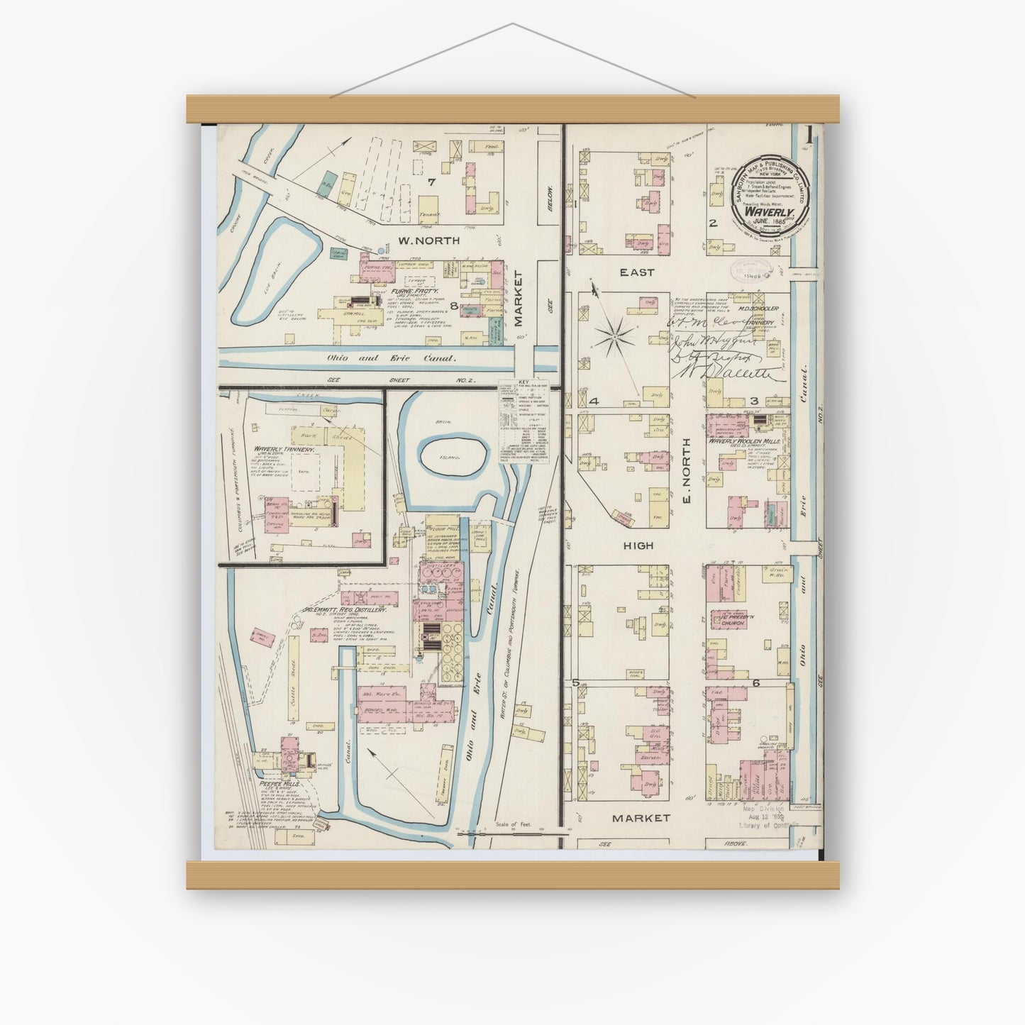 Old map wall art mockup — magnetic wood frame on white wall — Sanborn Fire Insurance Map from Waverly, Pike County, Ohio (1885), Sheet #0001