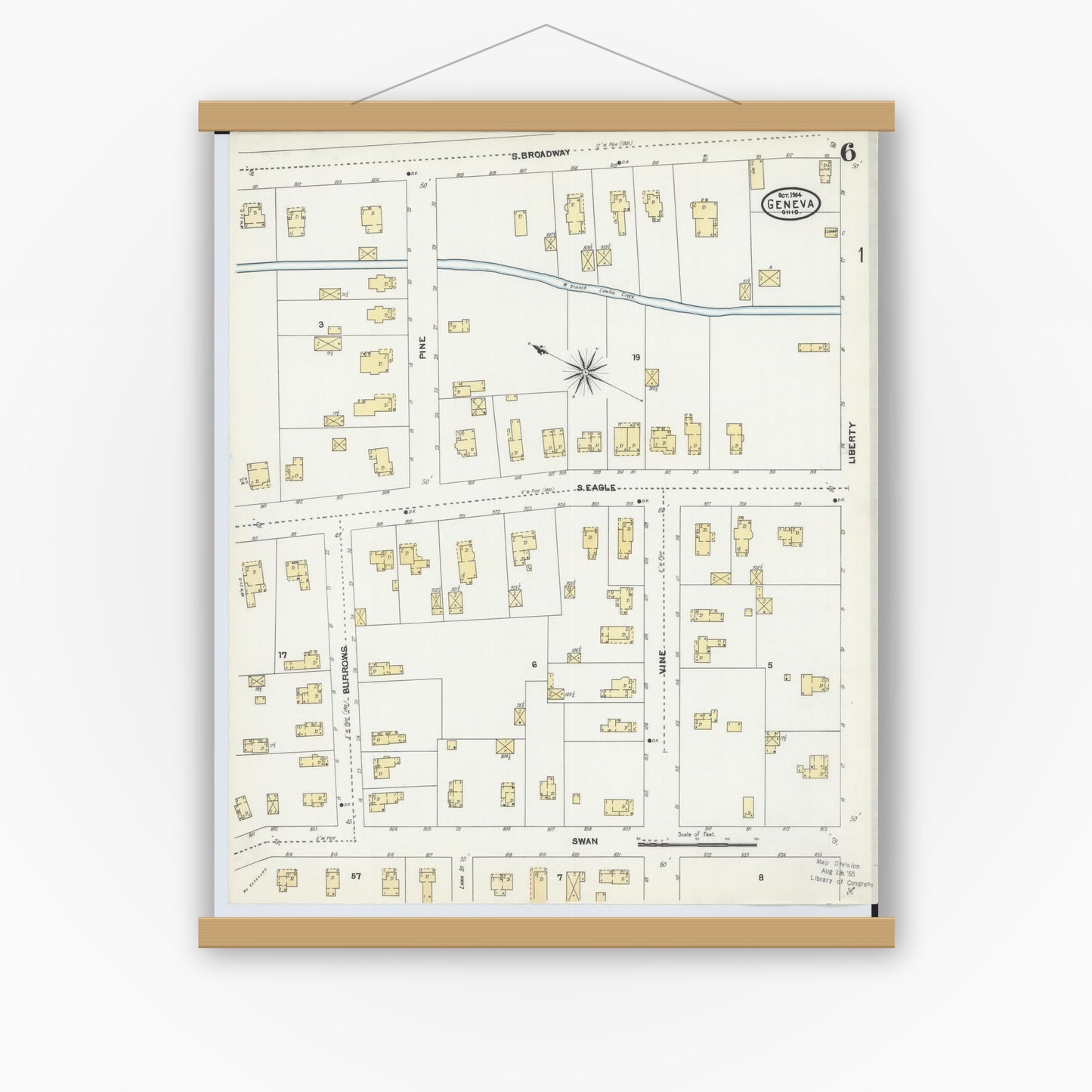 Old map wall art mockup — magnetic wood frame on white wall — Sanborn Fire Insurance Map from Geneva, Ashtabula County, Ohio (1904), Sheet #0006
