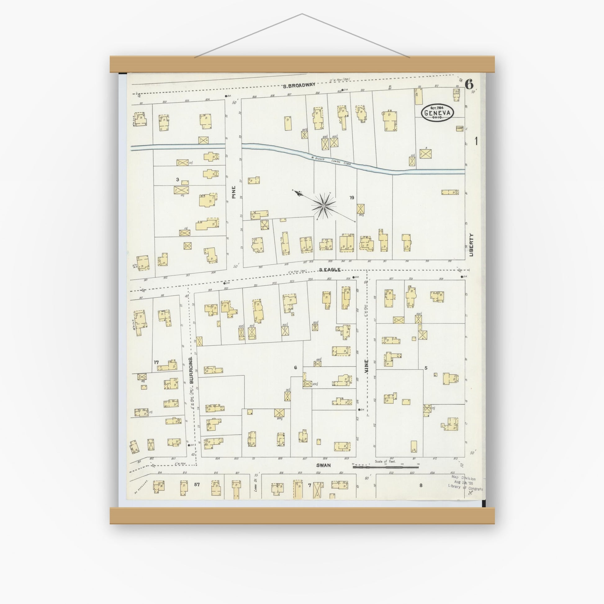 Old map wall art mockup — magnetic wood frame on white wall — Sanborn Fire Insurance Map from Geneva, Ashtabula County, Ohio (1904), Sheet #0006