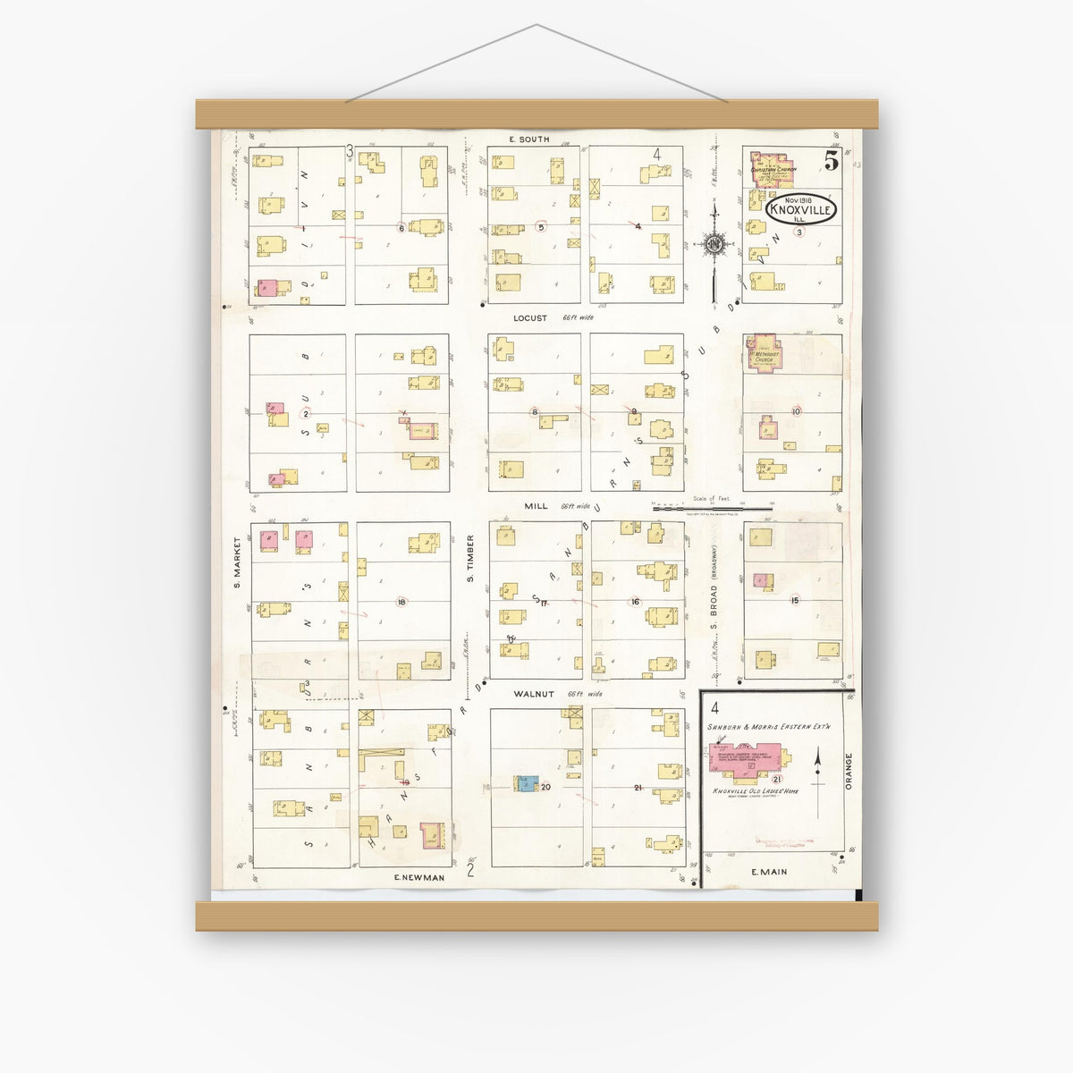 Old map wall art mockup — magnetic wood frame on white wall — Sanborn Fire Insurance Map from Knoxville, Knox County, Illinois (1944), Sheet #0005