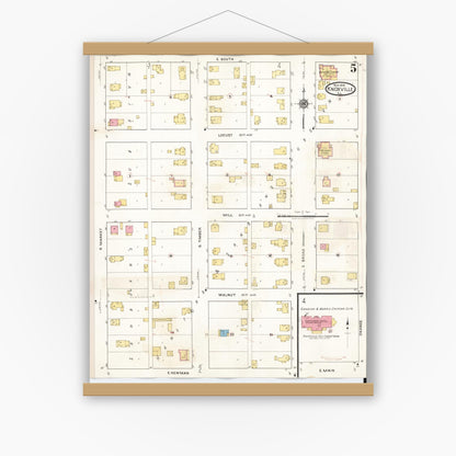 Old map wall art mockup — magnetic wood frame on white wall — Sanborn Fire Insurance Map from Knoxville, Knox County, Illinois (1944), Sheet #0005