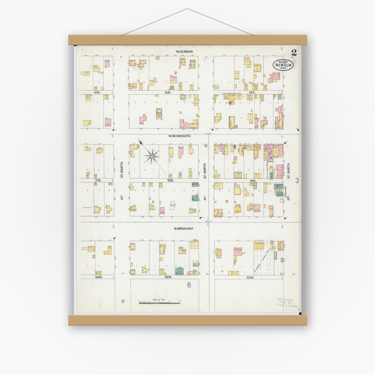 Old map wall art mockup — magnetic wood frame on white wall — Sanborn Fire Insurance Map from New Ulm, Brown County, Minnesota (1899), Sheet #0002