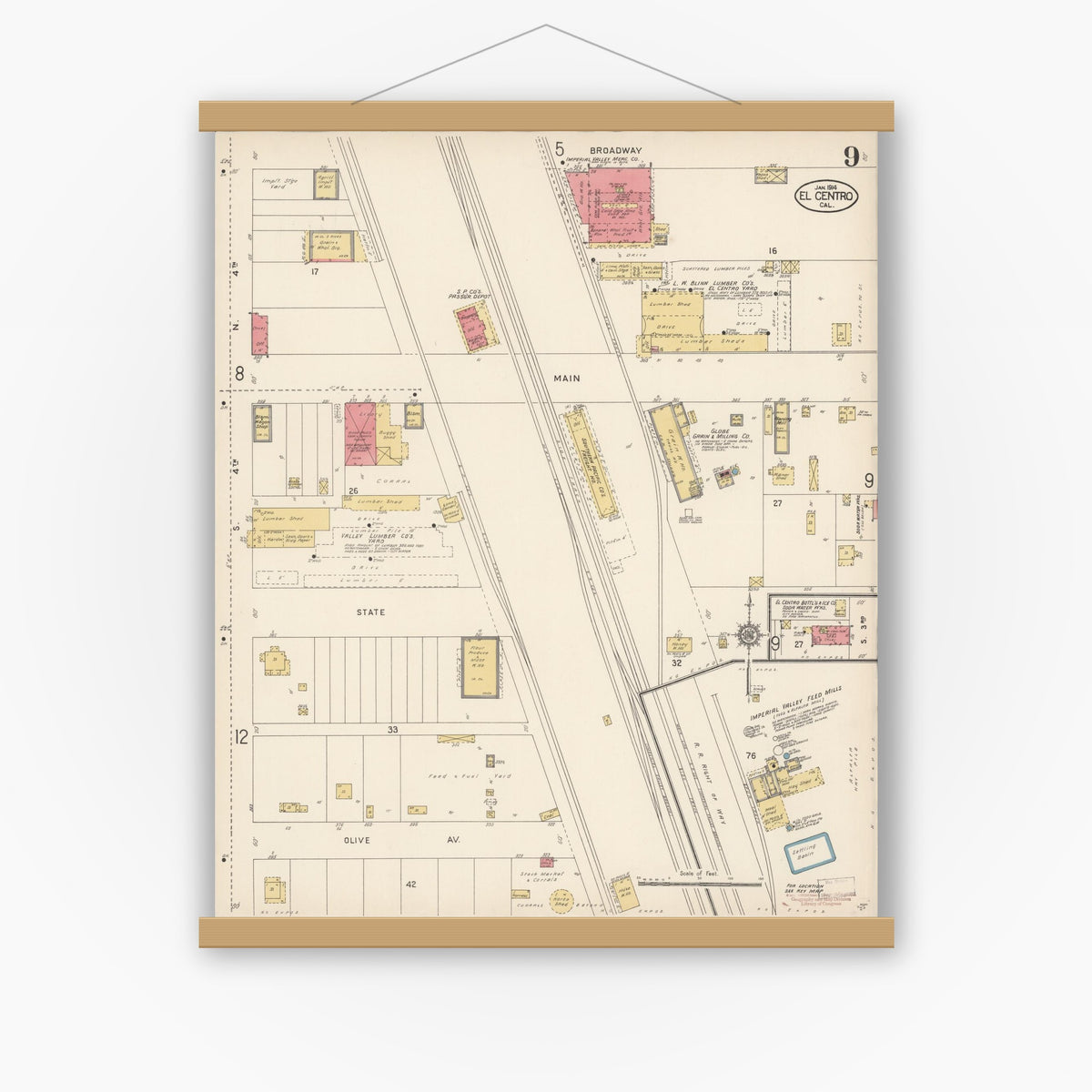 Old map wall art mockup — magnetic wood frame on white wall — Sanborn Fire Insurance Map from El Centro, Imperial County, California (1914), Sheet #0009