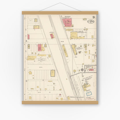 Old map wall art mockup — magnetic wood frame on white wall — Sanborn Fire Insurance Map from El Centro, Imperial County, California (1914), Sheet #0009