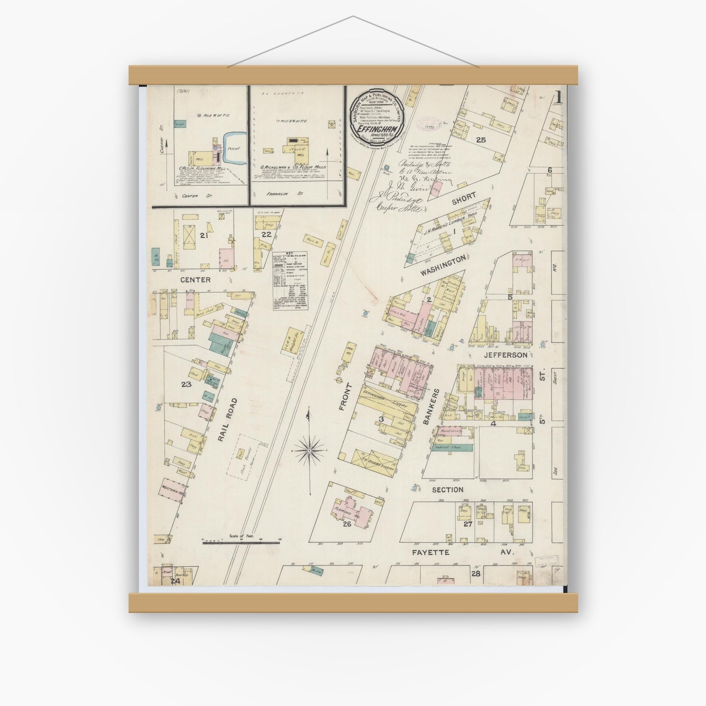 Old map wall art mockup — magnetic wood frame on white wall — Sanborn Fire Insurance Map from Effingham, Effingham County, Illinois (1888), Sheet #0001