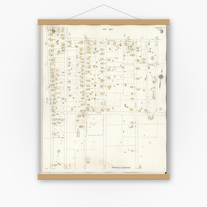 Old map wall art mockup — magnetic wood frame on white wall — Sanborn Fire Insurance Map from Commerce, Hunt County, Texas (1940), Sheet #0009