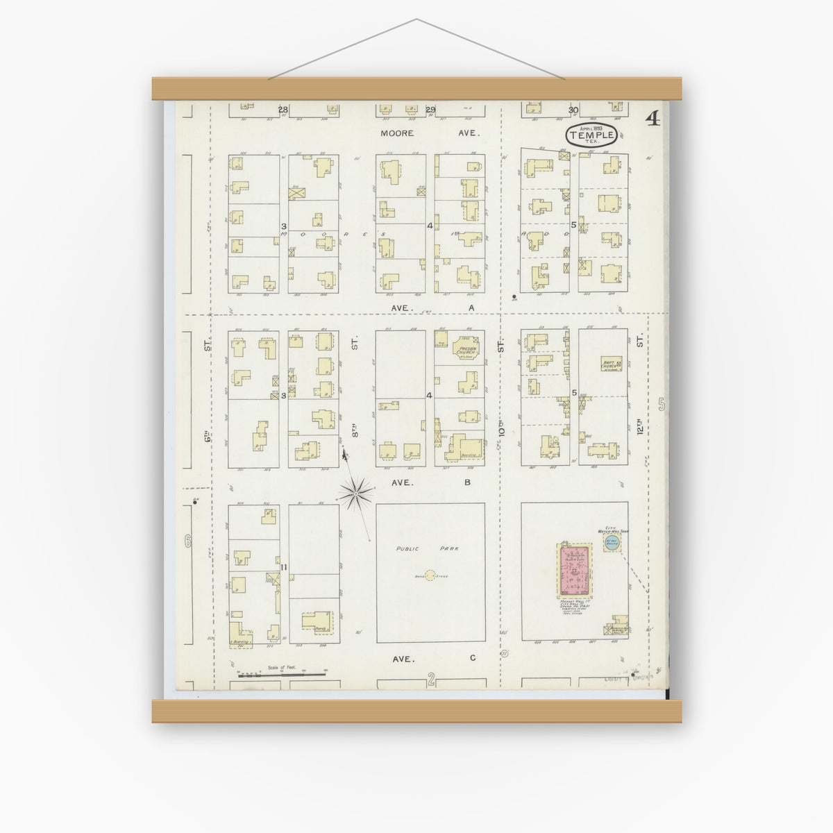 Old map wall art mockup — magnetic wood frame on white wall — Sanborn Fire Insurance Map from Temple, Bell County, Texas (1893), Sheet #0004