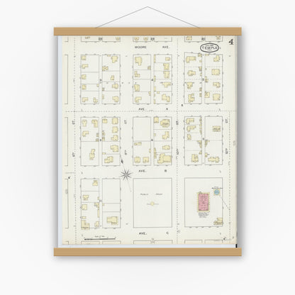 Old map wall art mockup — magnetic wood frame on white wall — Sanborn Fire Insurance Map from Temple, Bell County, Texas (1893), Sheet #0004